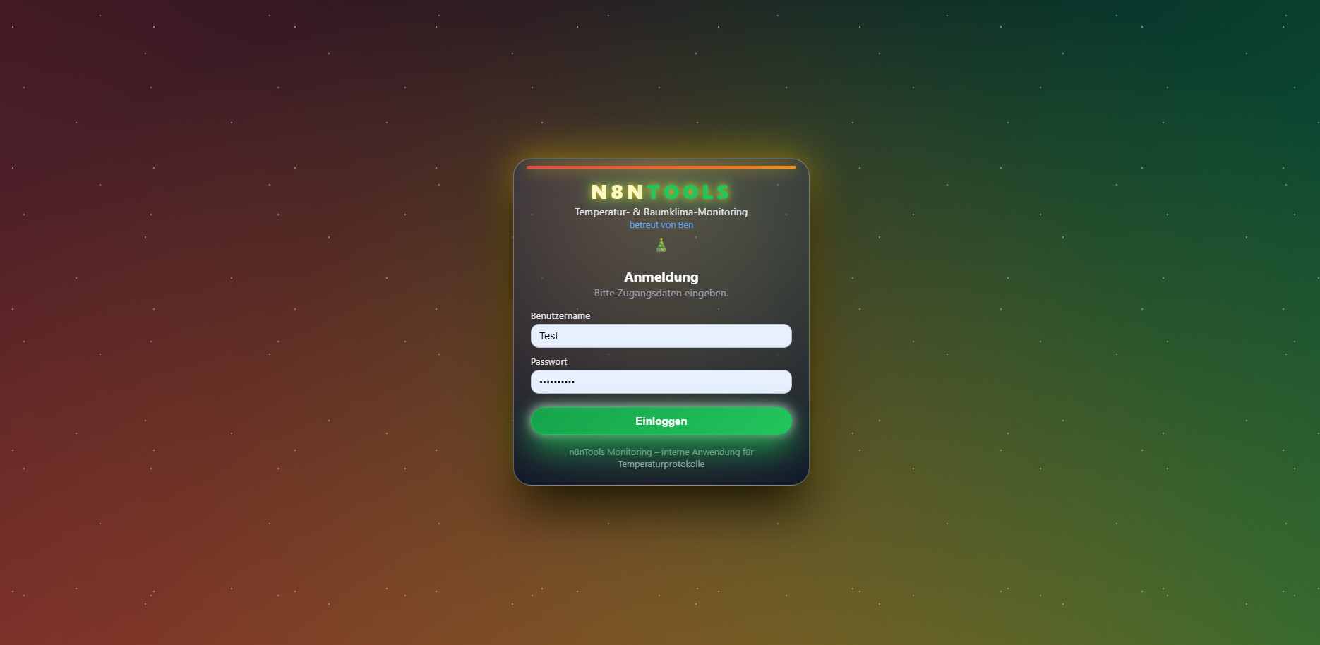 n8nTools Loginmaske mit Glow-Hintergrund (Demo-Daten)